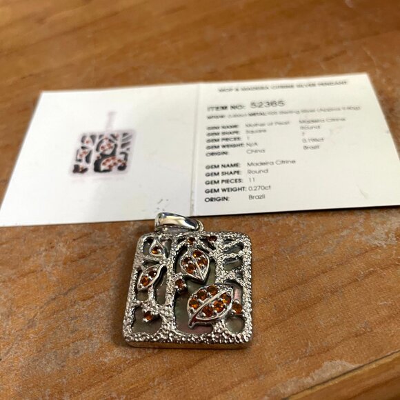MOTHER OF PEARL & MADEIRA CITRINE STERLING SILVER PENDANT MINT CONDITION - Picture 1 of 4